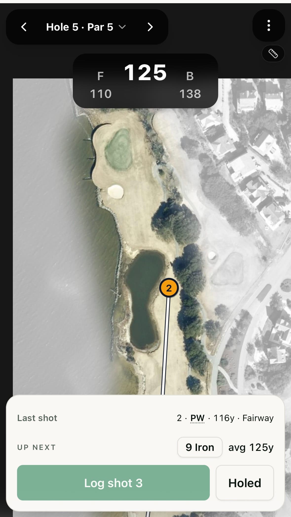 GPS shot entry mid-round on hole 5 at Nags Head Golf Links: shot markers and the playing line on the hole aerial, yardages to the front, middle, and back of the green, and Nicky's club suggestion for the next shot